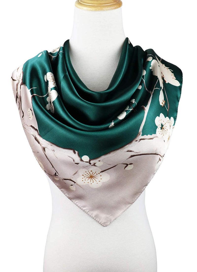vabovin Women's Silk Feeling Neckerchief Large Square Satin Scarf Fashion Bandanas (Green Sliver Plum Blossom) - Image 3
